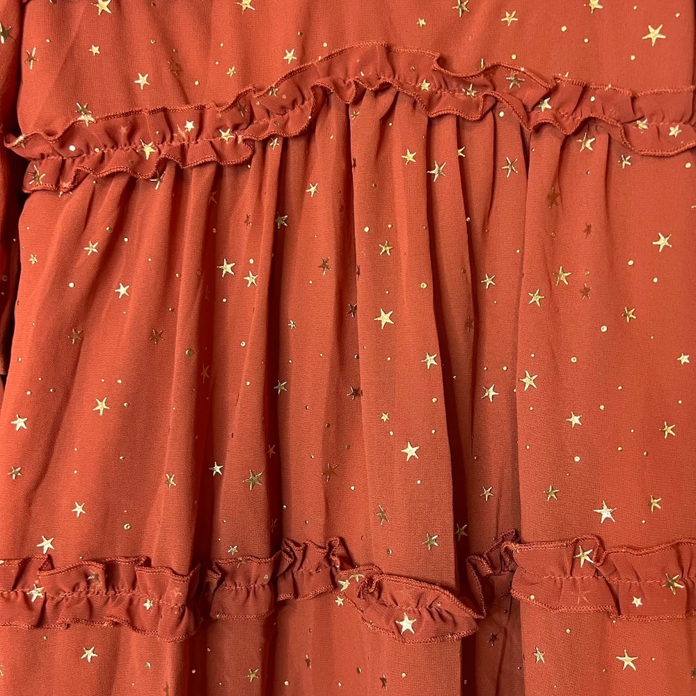 Burnt Orange & Gold Star Print Layered Open Back Dress Whimsical Celestial - Picture 2 of 7